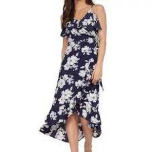 NWT Dex Navy Blue White Pink Floral Print Ruffle Wrap Midi Dress